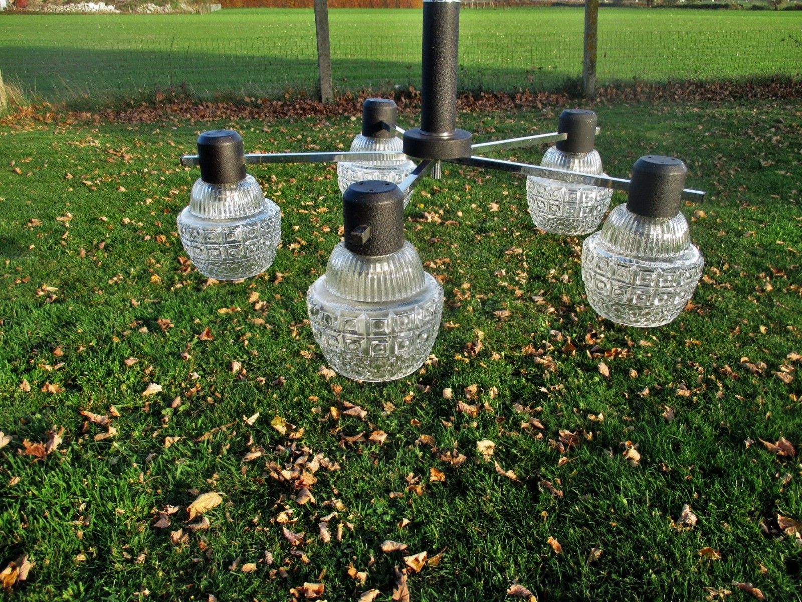 Mid Century Danish Modern Chandelier Chrome Glass Shades Vintage 5 Lights photo furniture