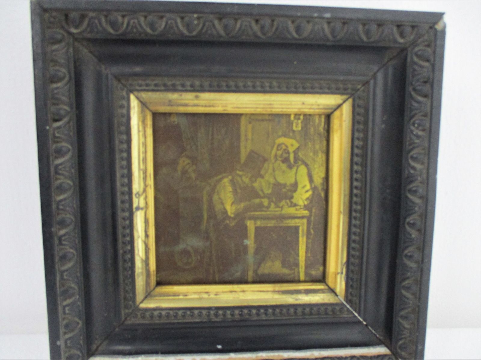 Antique Copper Engraving Breughel Style Framed Wood Resin Small photo 65.0