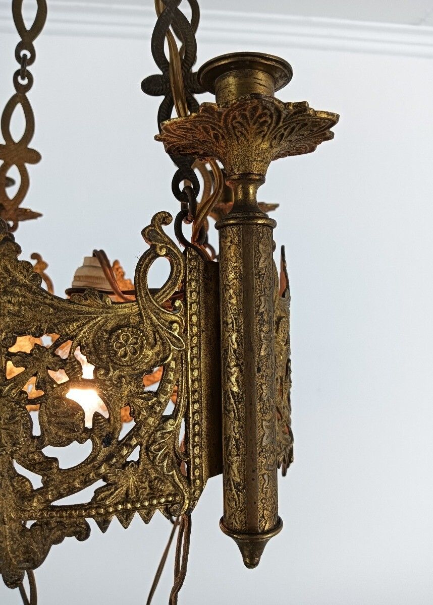 Antique Brass Dore Gods Lamp Light Ceiling Fixture Chandelier Pendant For 4 Cand photo 445.0