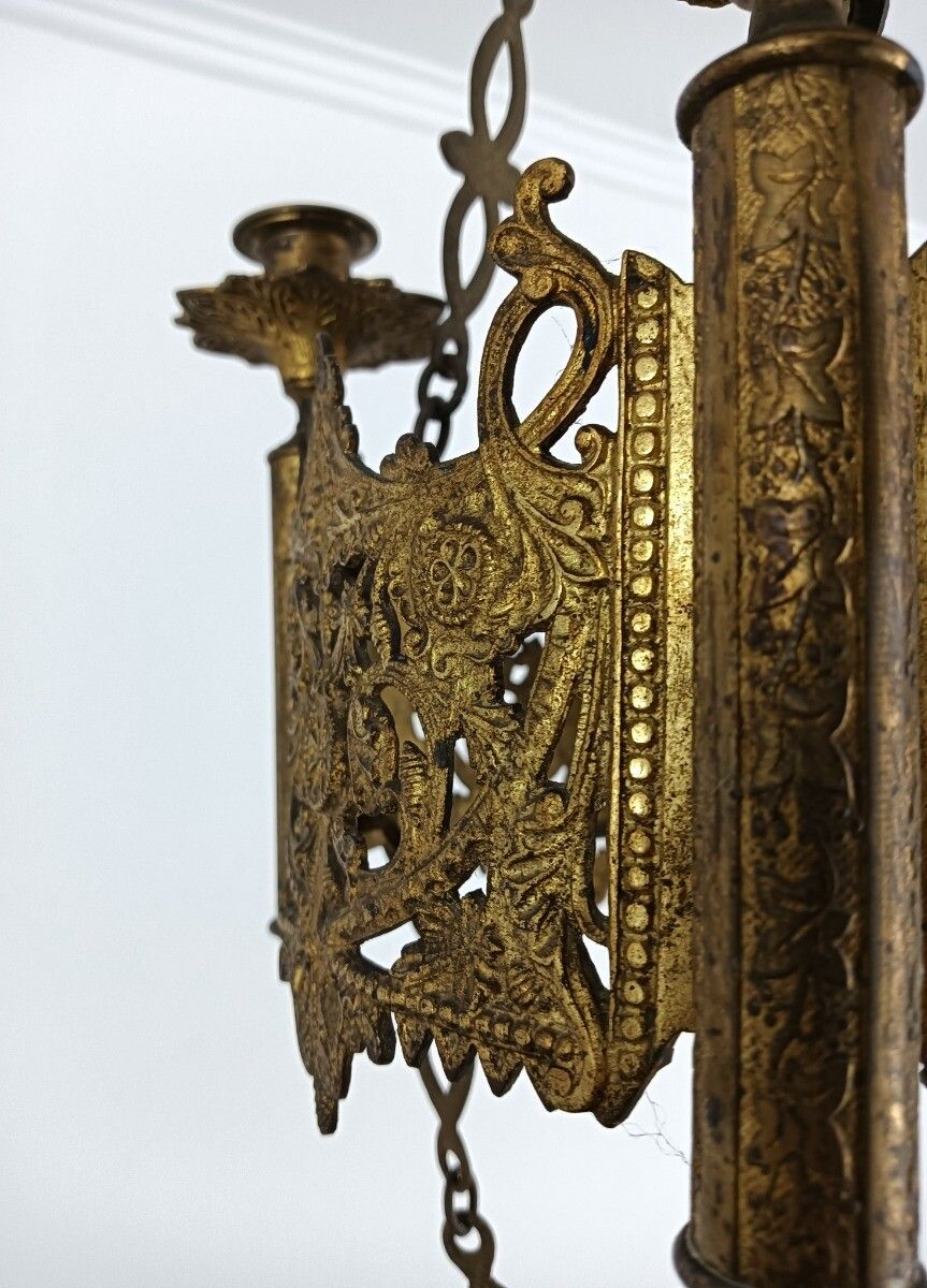 Antique Brass Dore Gods Lamp Light Ceiling Fixture Chandelier Pendant For 4 Cand photo vintage