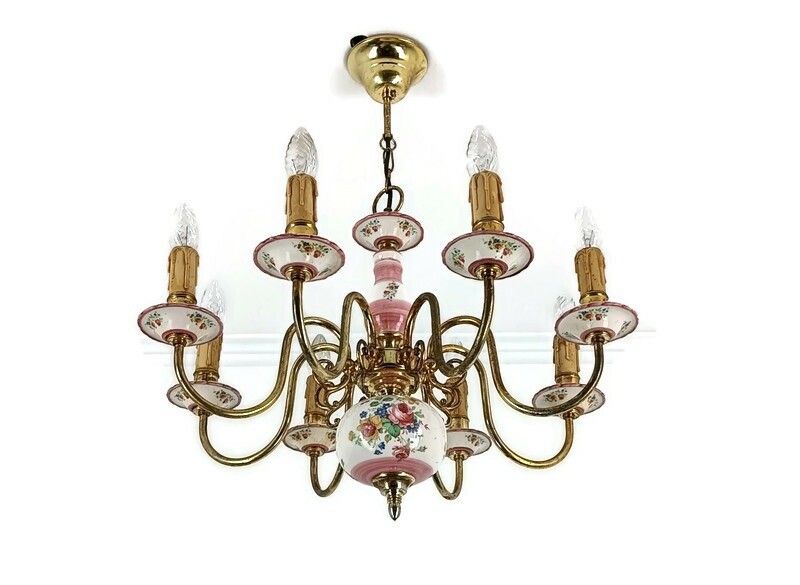 Romantic Italian Chandelier  Pink Porcelain Flower Pattern Brass 8 Lights Arm VI
