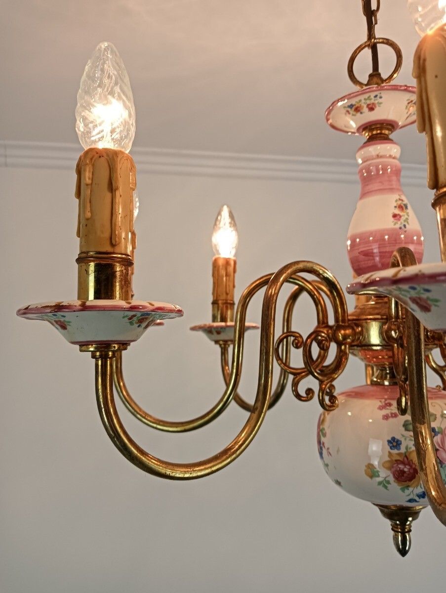 Romantic Italian Chandelier  Pink Porcelain Flower Pattern Brass 8 Lights Arm VI photo Lighting