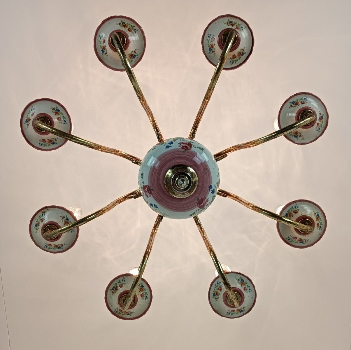 Romantic Italian Chandelier  Pink Porcelain Flower Pattern Brass 8 Lights Arm VI photo 324.0