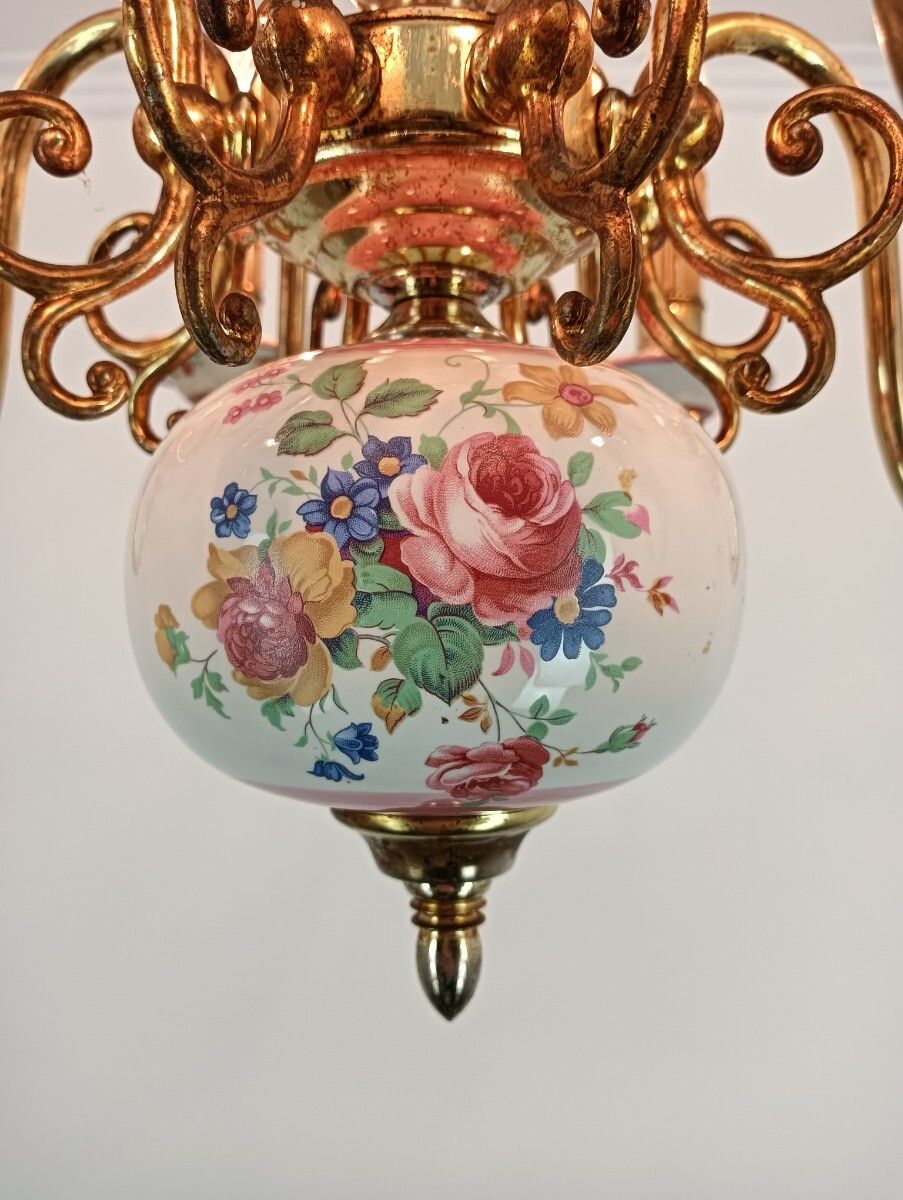Romantic Italian Chandelier  Pink Porcelain Flower Pattern Brass 8 Lights Arm VI photo buy