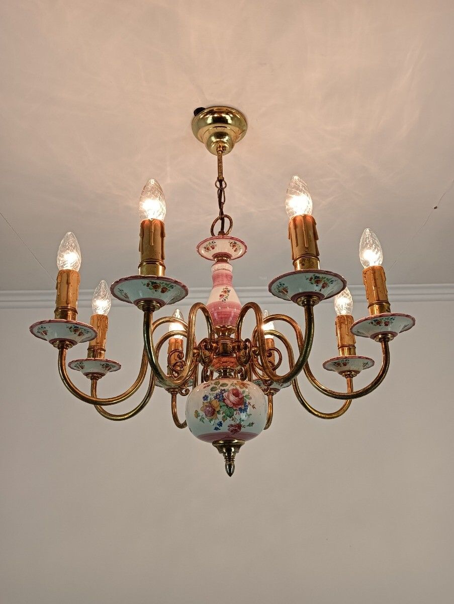 Romantic Italian Chandelier  Pink Porcelain Flower Pattern Brass 8 Lights Arm VI photo vintage