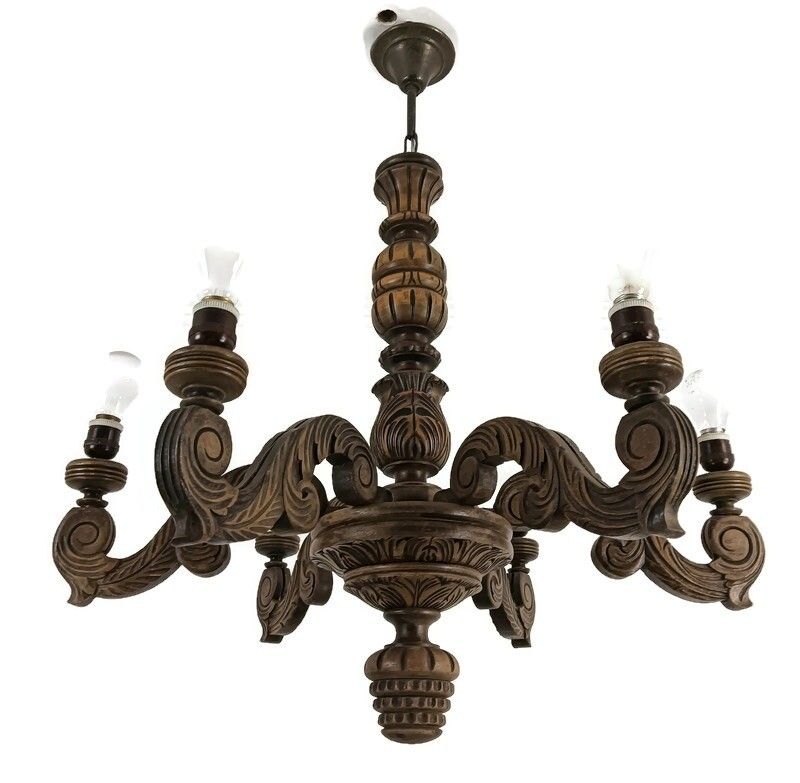 Gorgeous Wooden Carved Chandelier Barn Farmhouse Style 6 Lights Arm Vintage