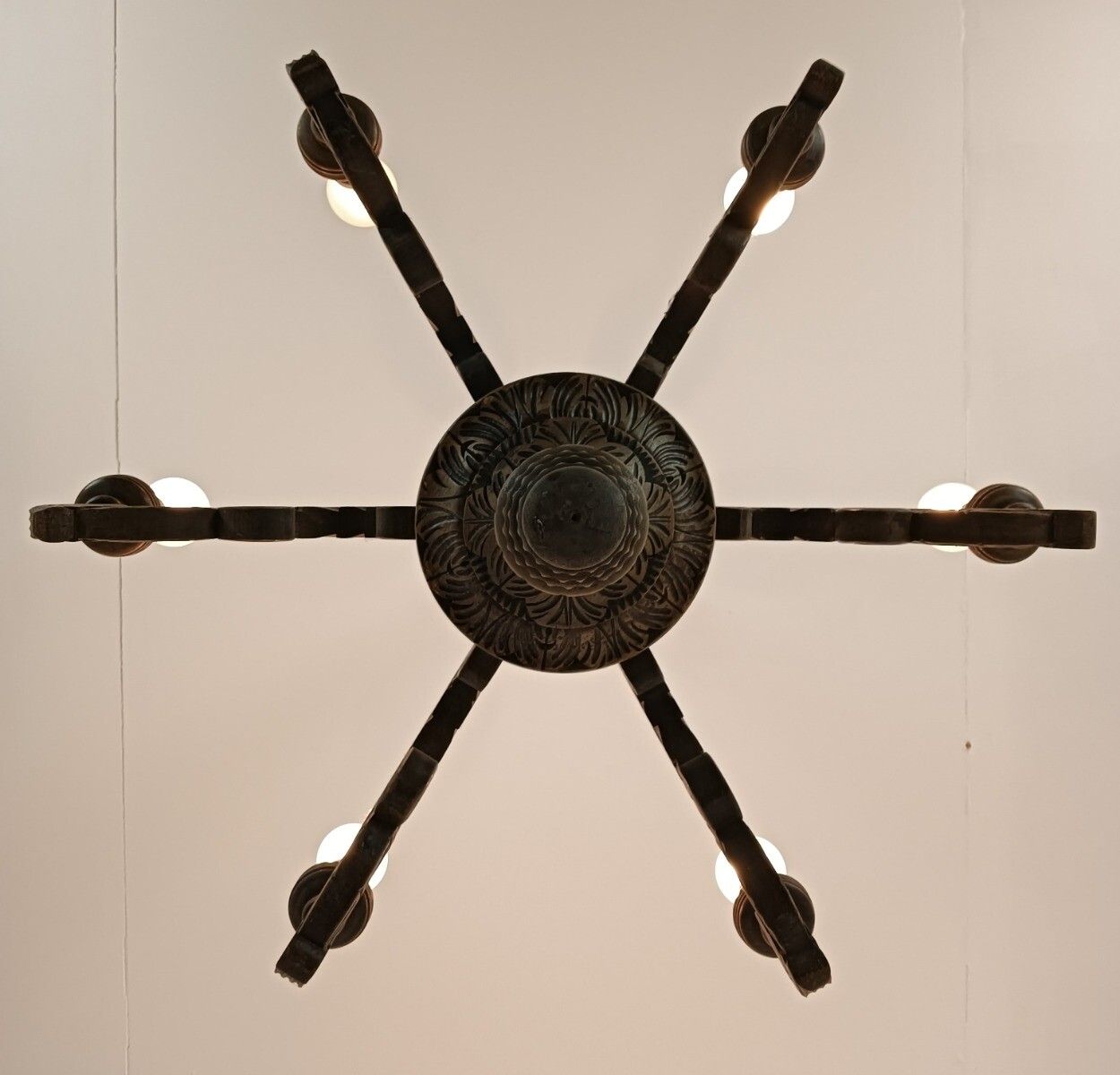 Gorgeous Wooden Carved Chandelier Barn Farmhouse Style 6 Lights Arm Vintage photo for sale