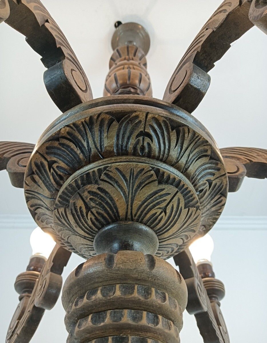 Gorgeous Wooden Carved Chandelier Barn Farmhouse Style 6 Lights Arm Vintage photo vinterior