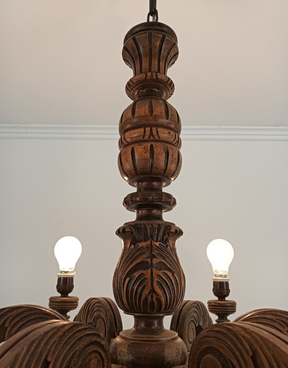 photo for sale Gorgeous Wooden Carved Chandelier Barn Farmhouse Style 6 Lights Arm Vintage