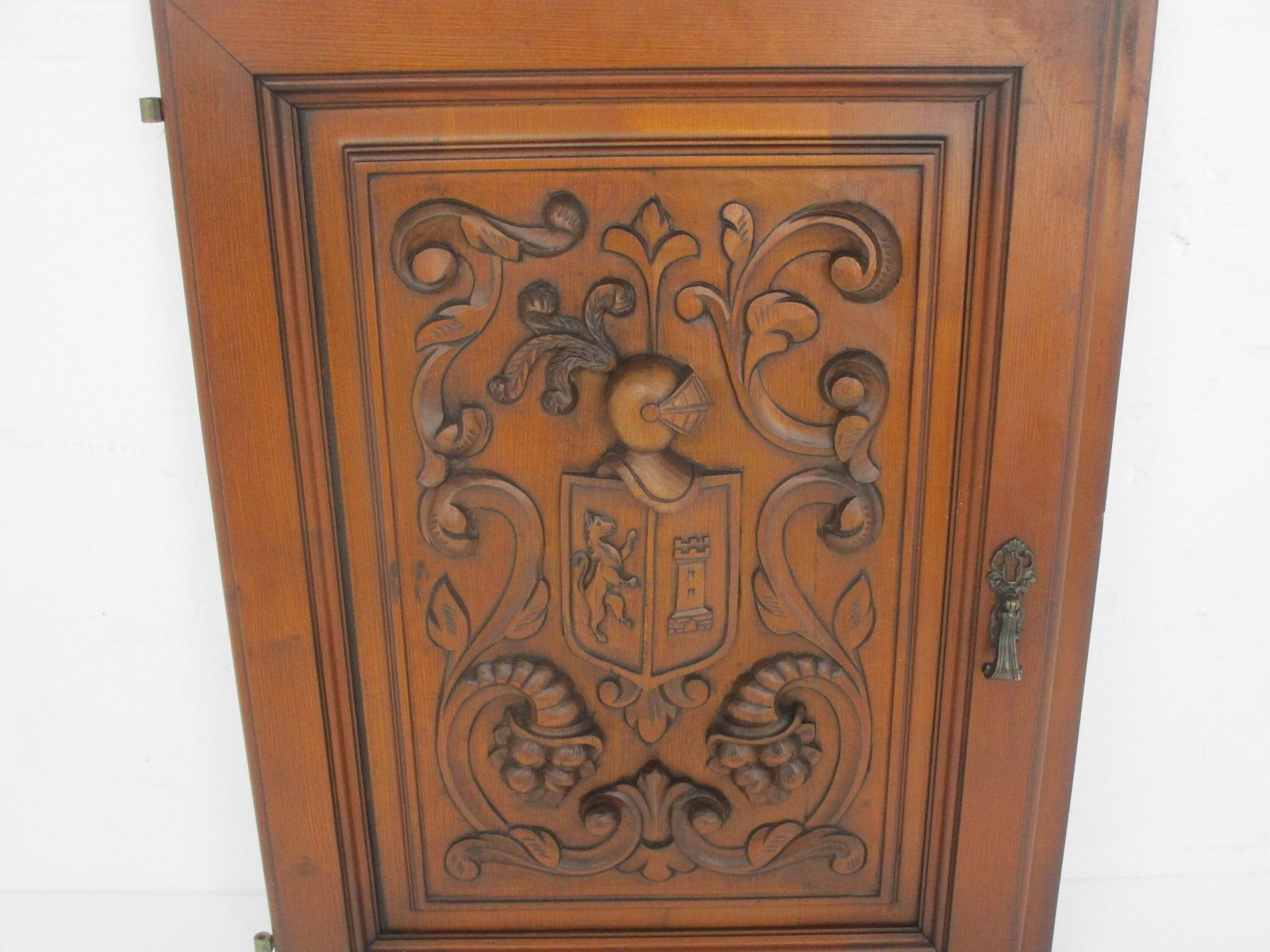 Antique Hand Carved Wood Door Panel Reclaimed Architectural Middle Ages Scene Sh photo for sale
