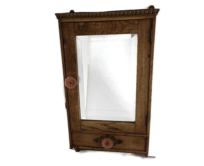 Art Deco Hanging Medicine Apothecary Cabinet Kitchen Bathroom Carved Wood Bevele