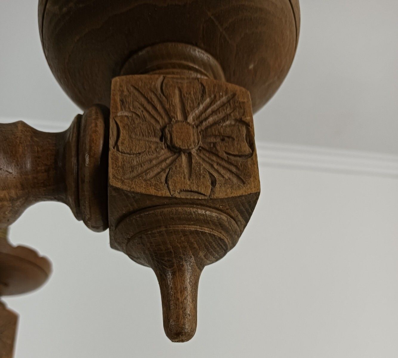 Vintage Chandelier Carved Wood Wooden 6 Lights Arm Barley Twist Farmhouse Countr photo vinterior