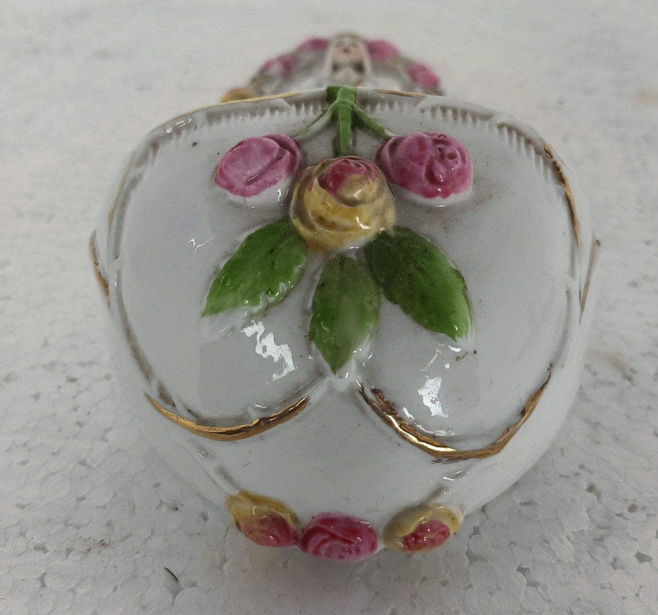 Beautiful Bisque Porcelain Antique Holy Water Font Vessel Madonna Pink Flowers G photo Home Decor