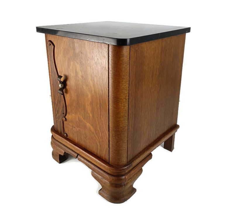 Stylish Art Deco Antique Nightstand End Table Wood Marble Top Cabinet