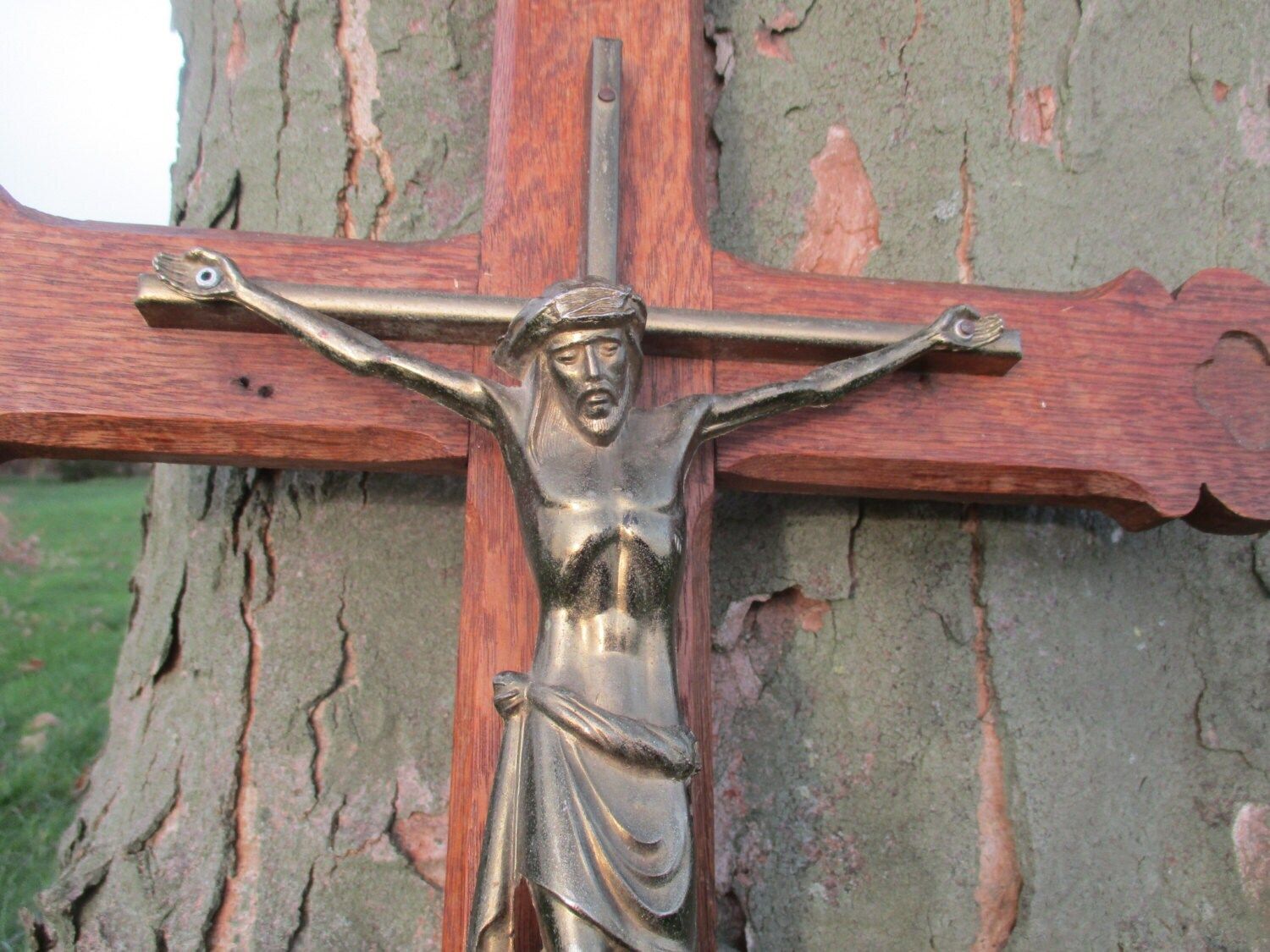 Large Lovely Hand Carved Wood Hanging Crucifix Cross Jesus Christ 25.59" photo furniture