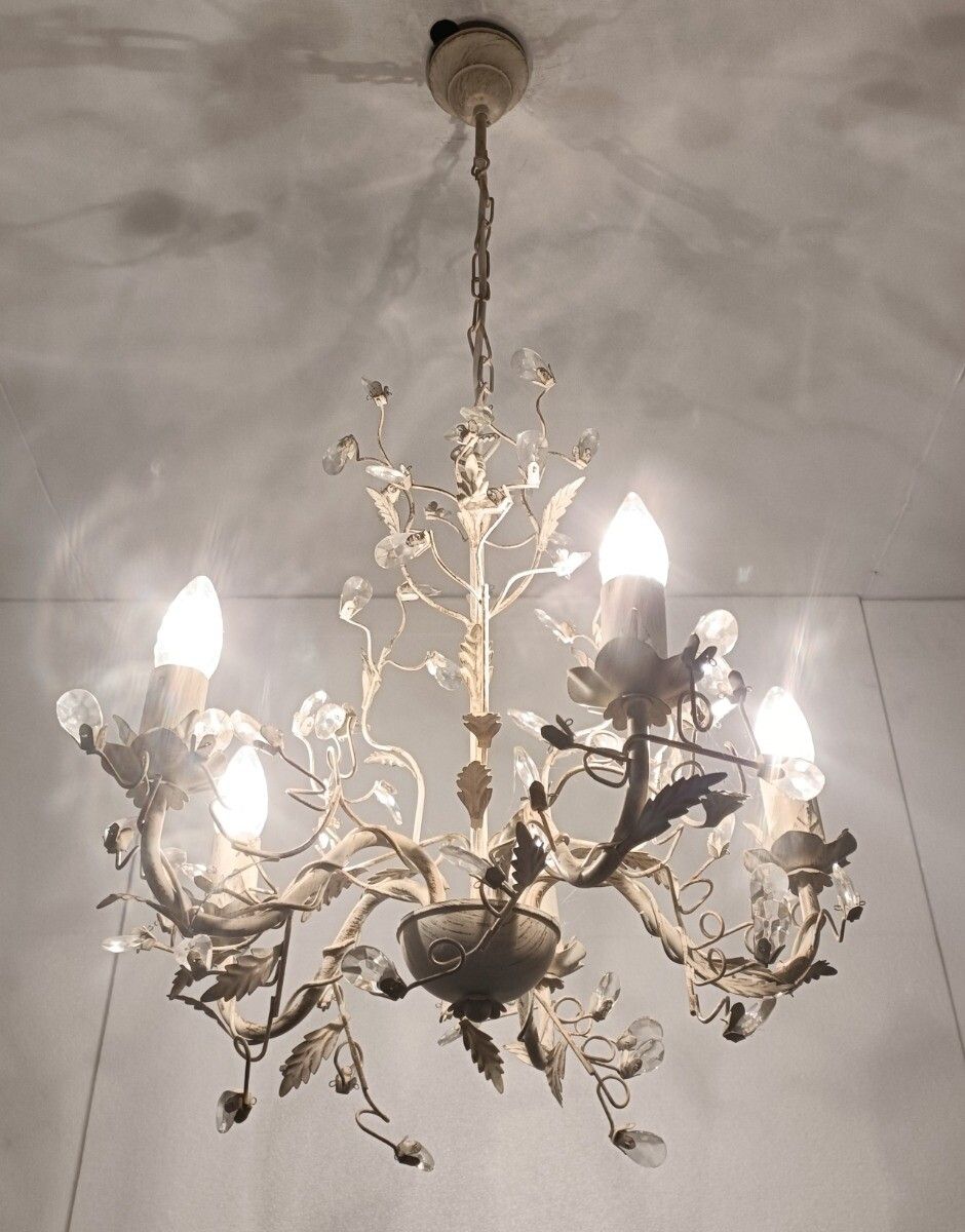 Chandelier 5 Lights Lovely  Flower Prisms Metal Glass, Lucide Belgium photo furniture