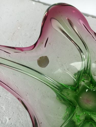 Green Cranberry  Murano Italian Art Glass Centerpiece Dish Bowl Mid Century Vint photo for sale