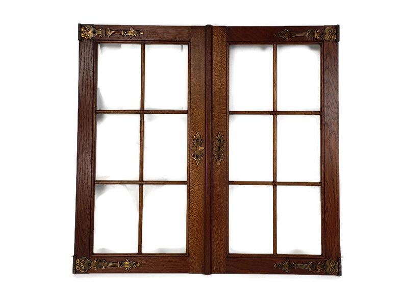 Hand Carved Wooden Door Panels Brass Trim Parts  Glass Pair Antique Reclaimed Sa