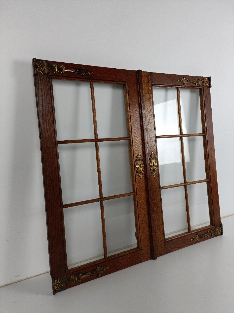 Hand Carved Wooden Door Panels Brass Trim Parts  Glass Pair Antique Reclaimed Sa photo for sale
