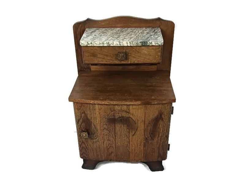 Lovely Art Deco Nightstand Carved Wood Marble Top Bedside Table Cabinet Very Swe