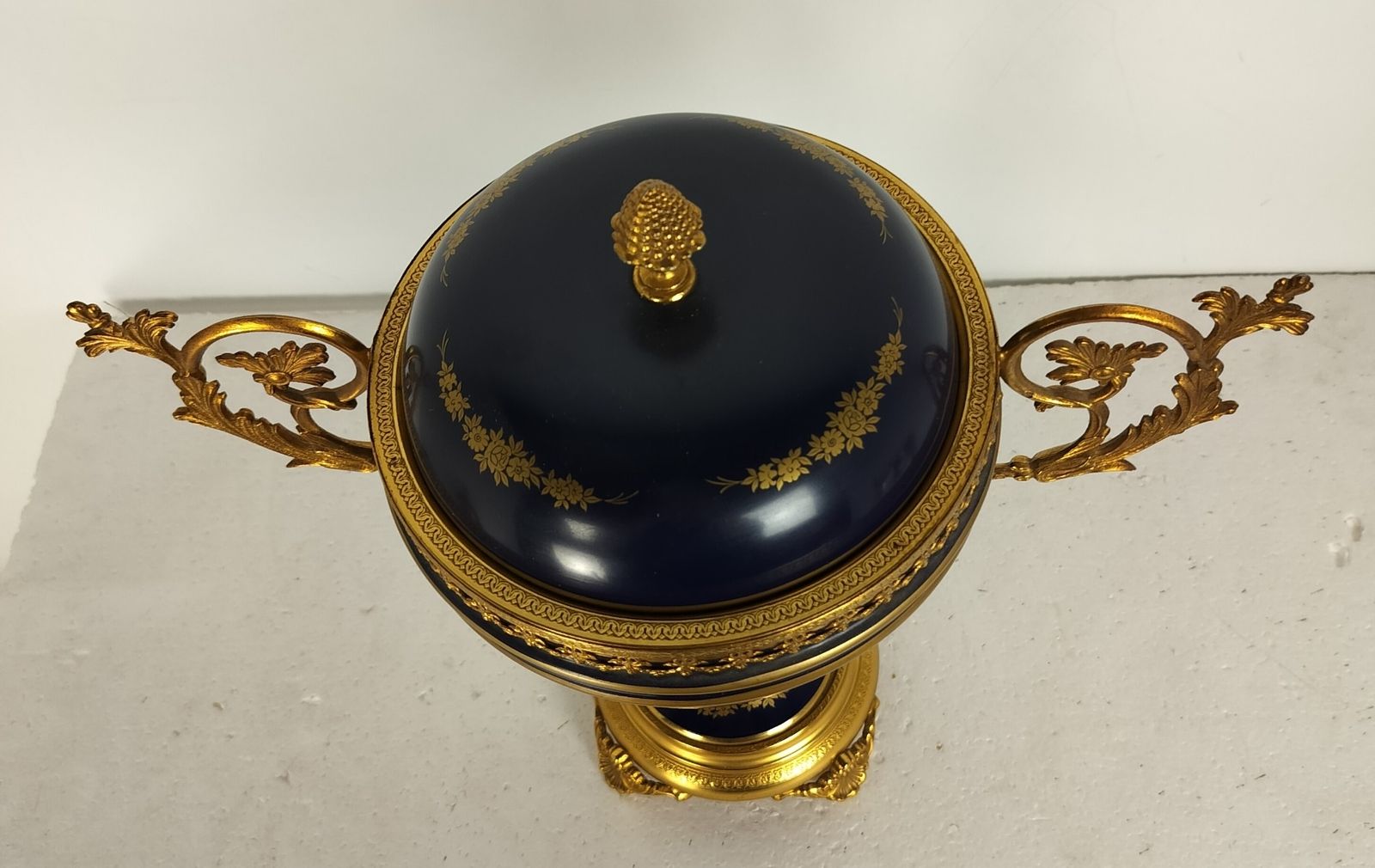 Cobalt Blue Porcelain Brass Trims Bowl Vase Urn With Lid Lumedart Belgium Beauti photo vintage