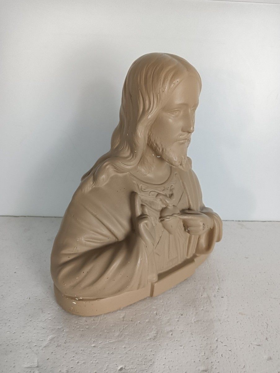 Art Deco Plaster Bust Jesus Christ Saviour Holy Heart Plaster Marked Arnova photo vintage