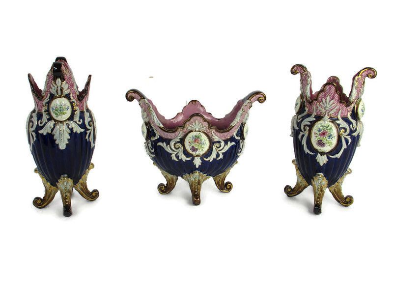 Set Of 3 French Barbotine Majolica Vases Planters Centerpiece  Medallions
