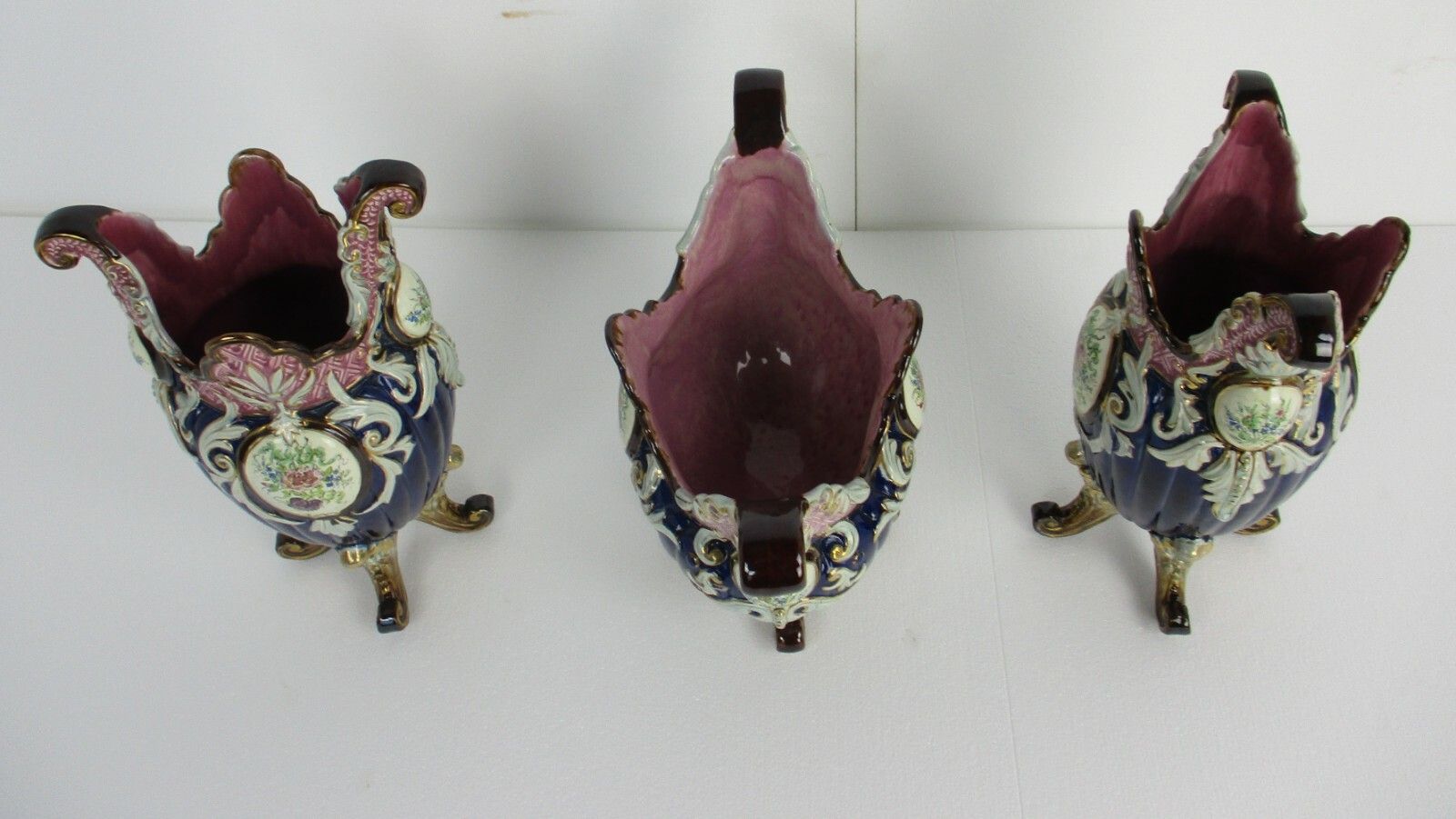 Set Of 3 French Barbotine Majolica Vases Planters Centerpiece  Medallions photo Home Decor
