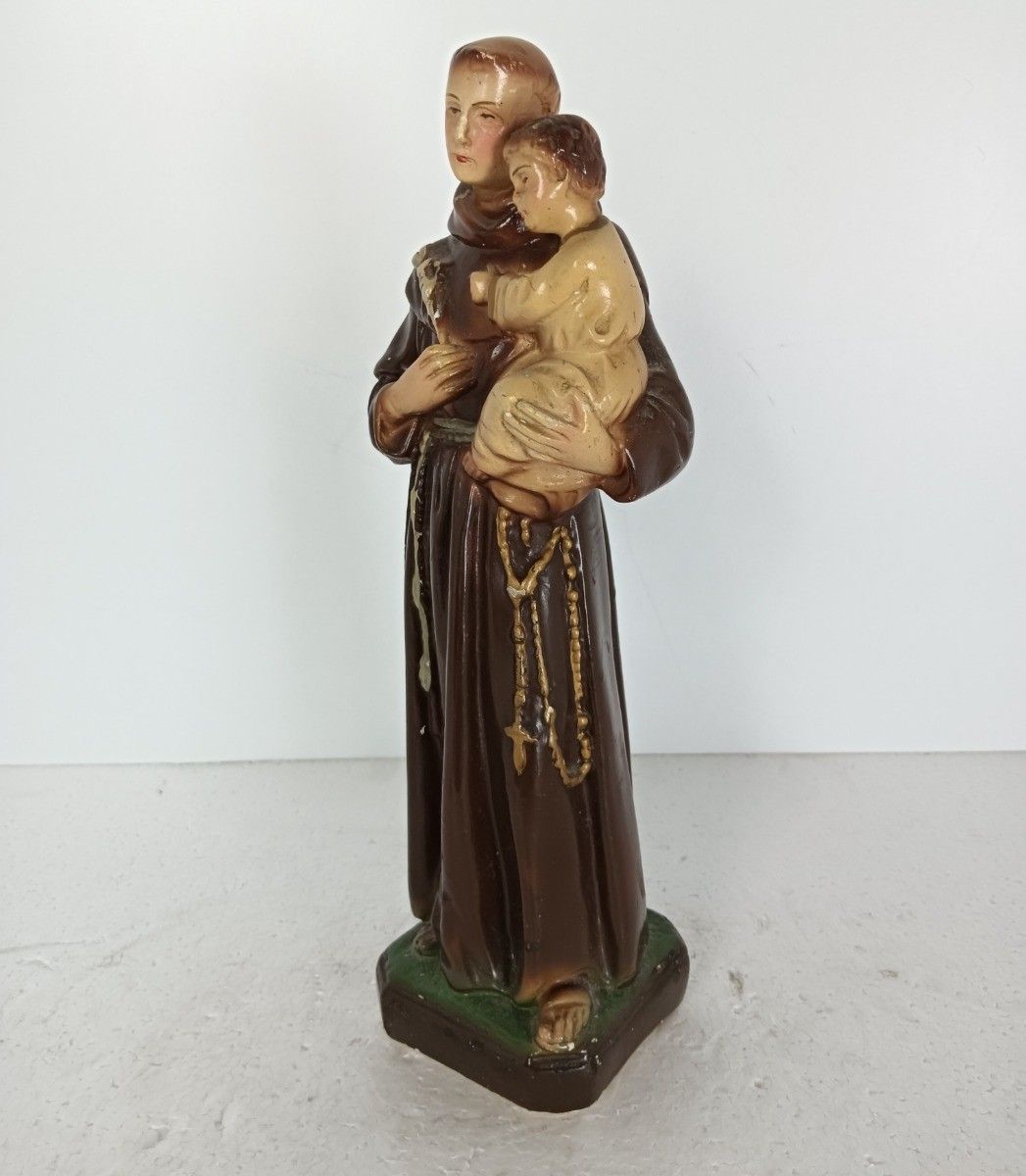 St Anthony Padua Of Lisbon Infant Child Plaster Statue Franciscan Antique Polych photo furniture
