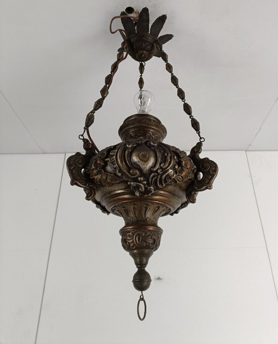 Antique Gothic Copper Silverplatede Gods Lamp Light Ceiling Fixture Chandelier P photo for sale