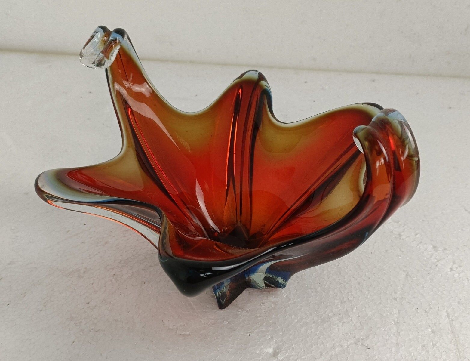 Italian Cranberry Blue Bowl Dish Centerpiece Murano Seguso Art Glass Modernist S photo vinterior