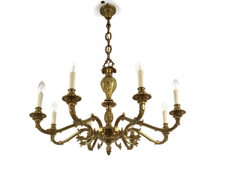 French Vintage Chandelier Bronze Dore Ornate 8 Lights Arms Pine Apples Hollywood