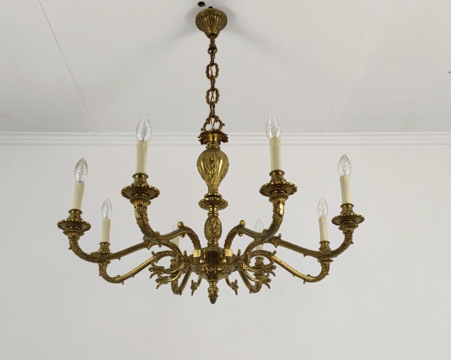 French Vintage Chandelier Bronze Dore Ornate 8 Lights Arms Pine Apples Hollywood photo furniture