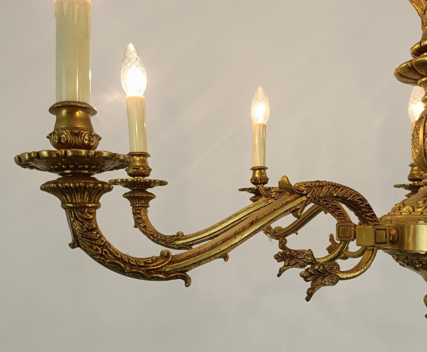 photo for sale French Vintage Chandelier Bronze Dore Ornate 8 Lights Arms Pine Apples Hollywood