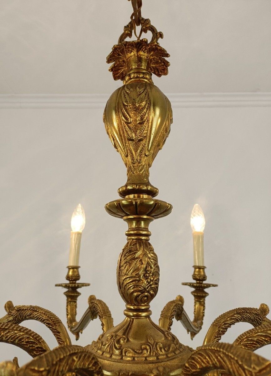 Lighting French Vintage Chandelier Bronze Dore Ornate 8 Lights Arms Pine Apples Hollywood photo