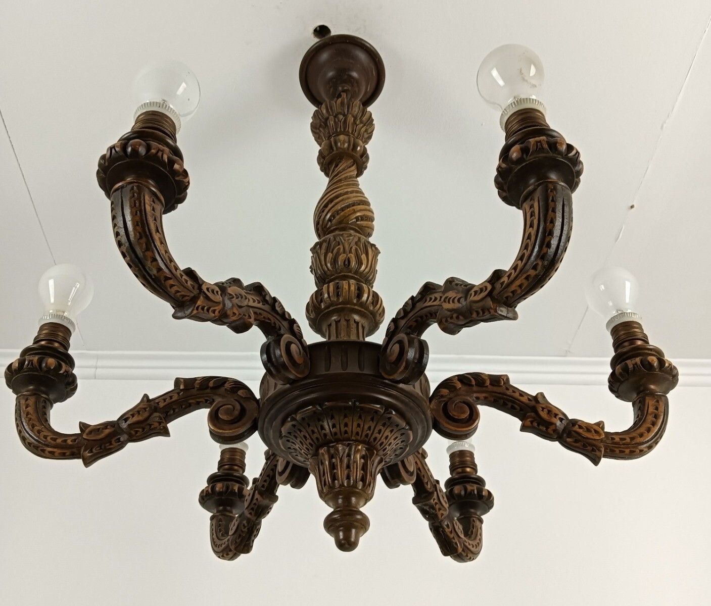 Carved Wood Wooden Chandelier Vintage Gorgeous Ornate 6 Lights Arm Farmhouse Sty photo 567.0