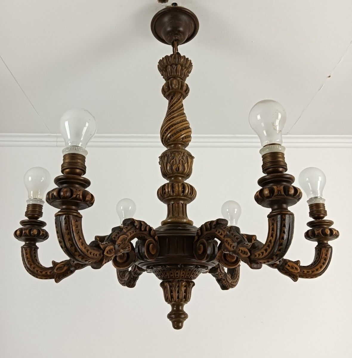 Lighting Carved Wood Wooden Chandelier Vintage Gorgeous Ornate 6 Lights Arm Farmhouse Sty photo