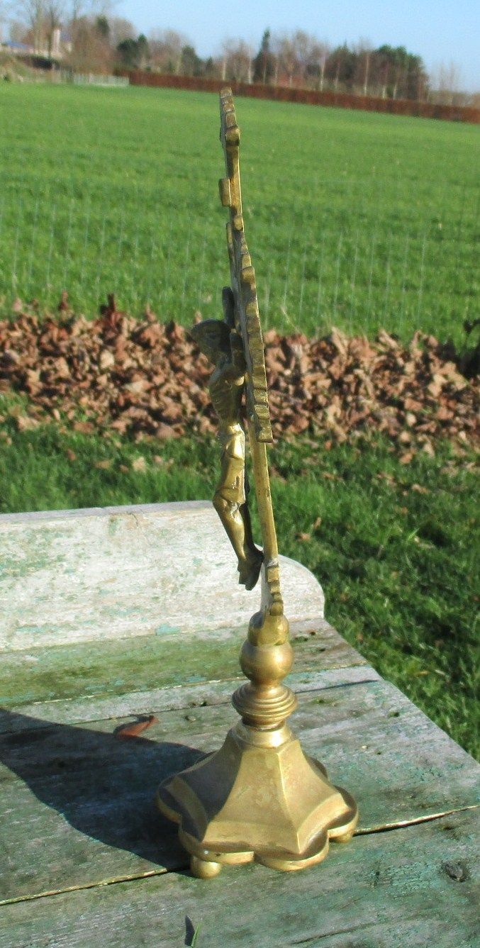 Antique Art Deco Brass Jesus Christ Standing Table  Cross Crucifix  Memento Mori photo furniture