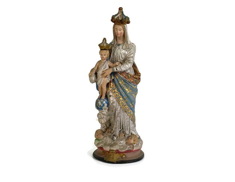 Antique Neo Gothic Statue Plaster Polychrome Our Lady Of Victory With Infant Ang