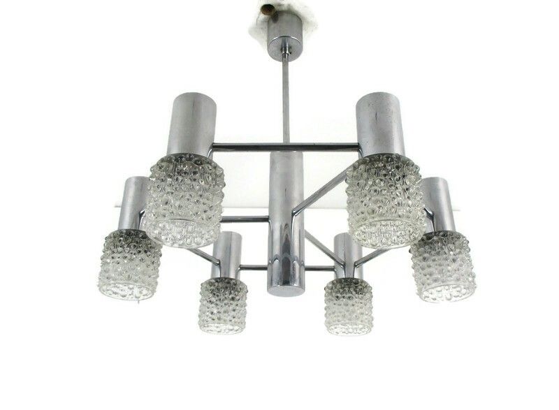 Vintage Chandelier 6 Lights Bubbled Art Glass Sconces Shades Chrome Retro