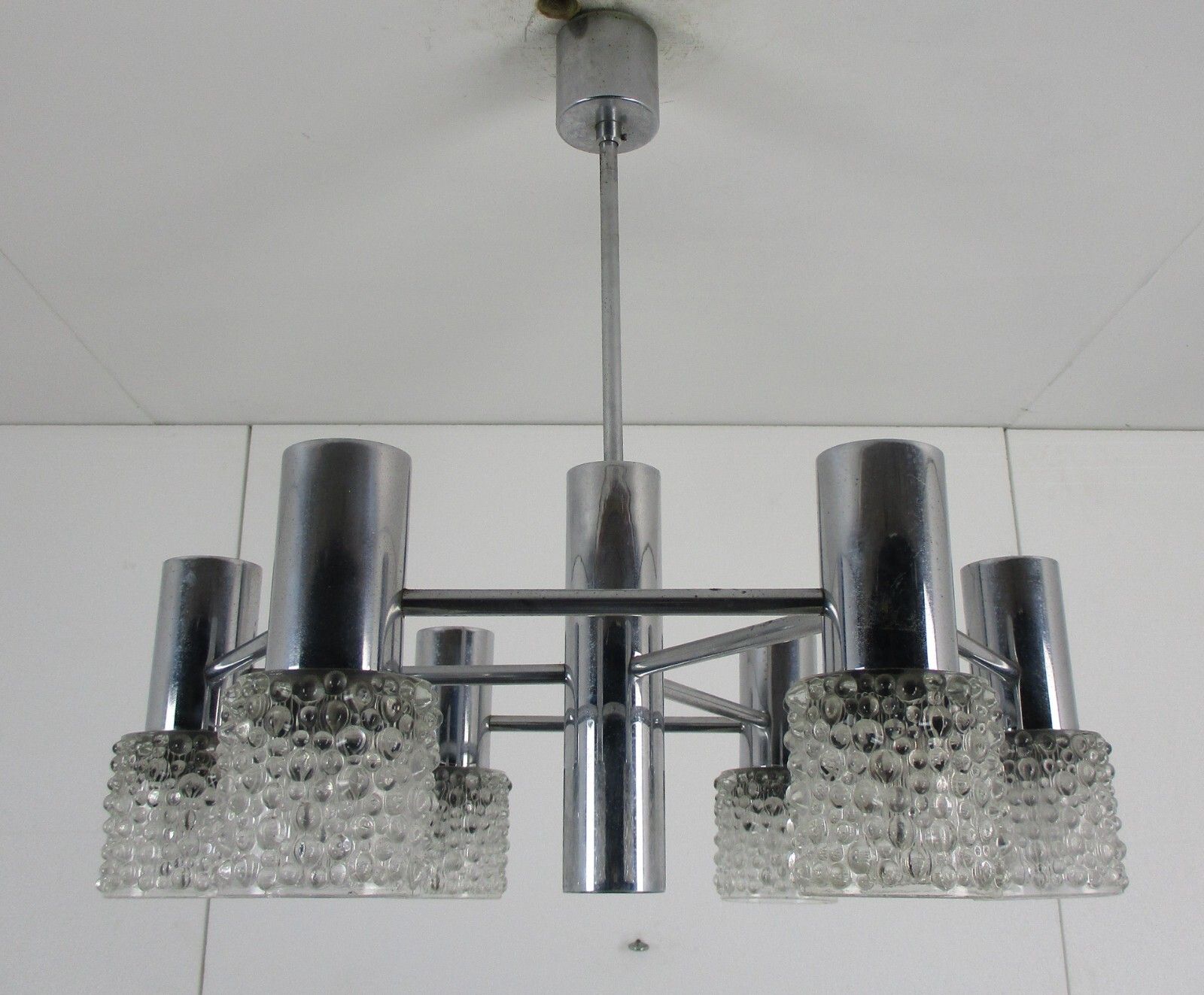 Vintage Chandelier 6 Lights Bubbled Art Glass Sconces Shades Chrome Retro photo vintage