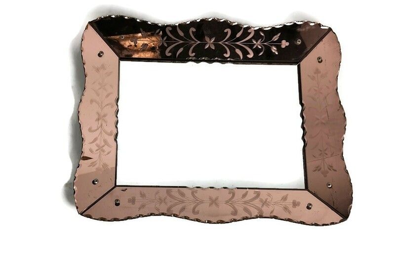 Art Deco Nouveau Wall Hanging Ornate Mirror Vanity Dresser Clear Etched Pink Gla