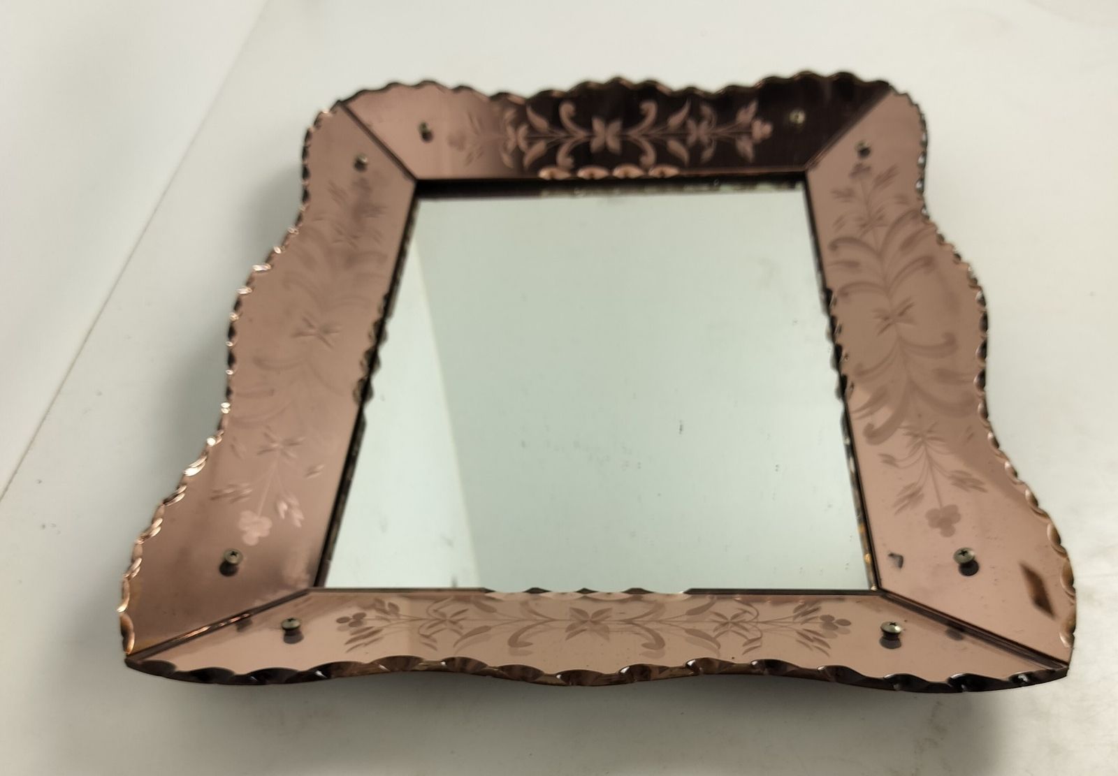 Art Deco Nouveau Wall Hanging Ornate Mirror Vanity Dresser Clear Etched Pink Gla photo for sale