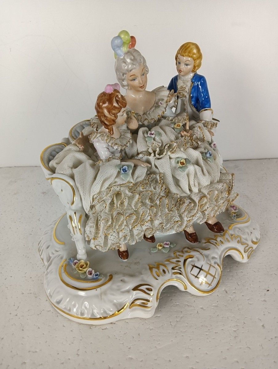Large Statue Figurine Porcelain Marked Dresden Germany Lace Lady With Children V photo for sale