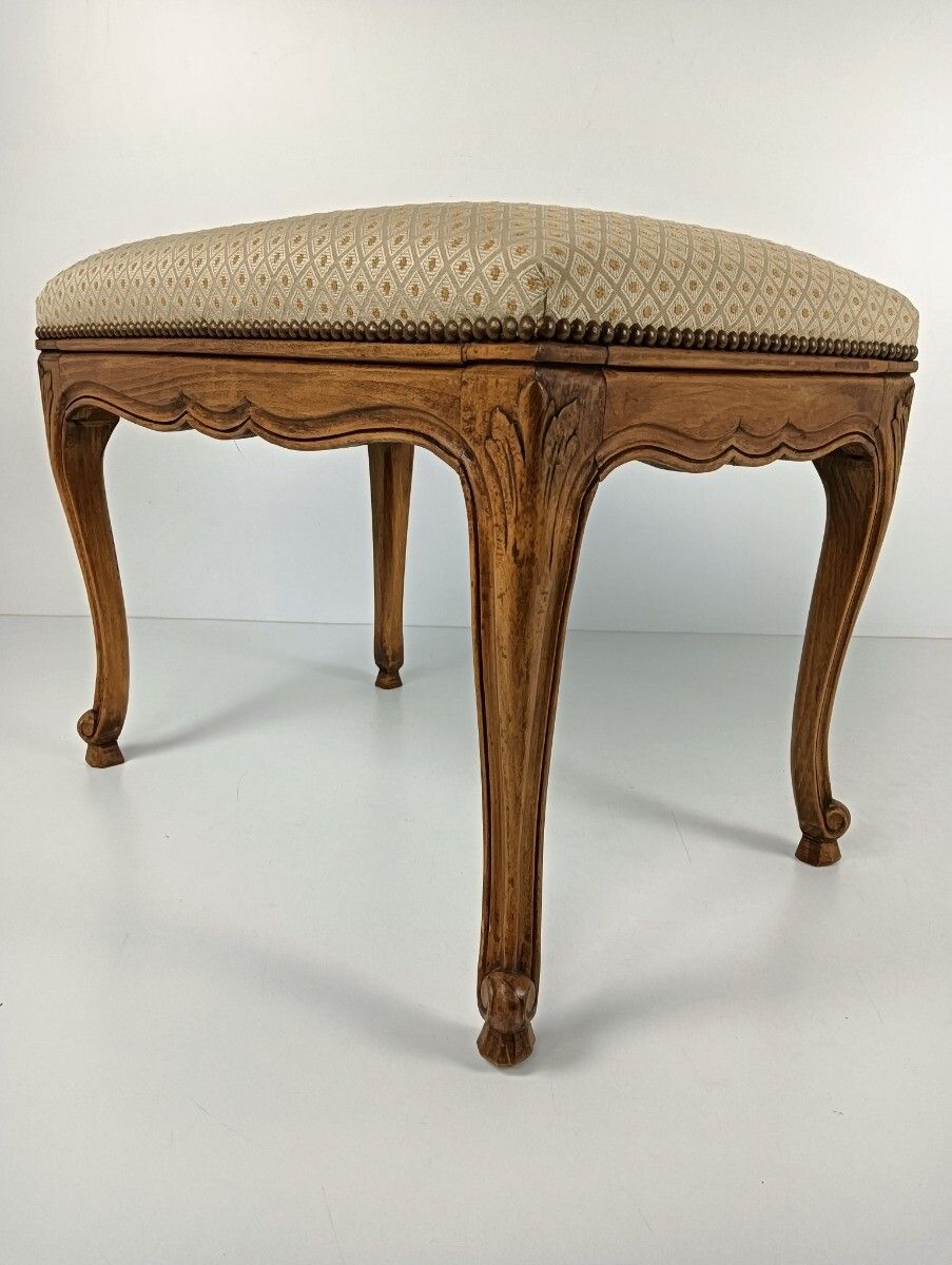 Vintage Footstool Ottoman  Fabric Louis XV Style Hobnails Ornate Carved Wood photo furniture