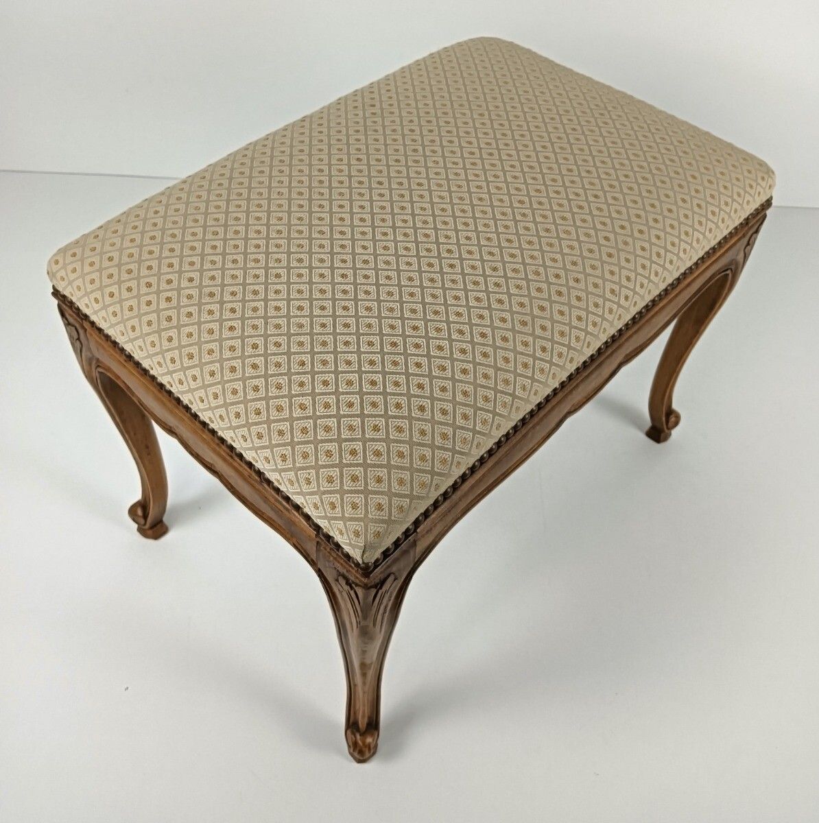 Vintage Footstool Ottoman  Fabric Louis XV Style Hobnails Ornate Carved Wood photo Furniture