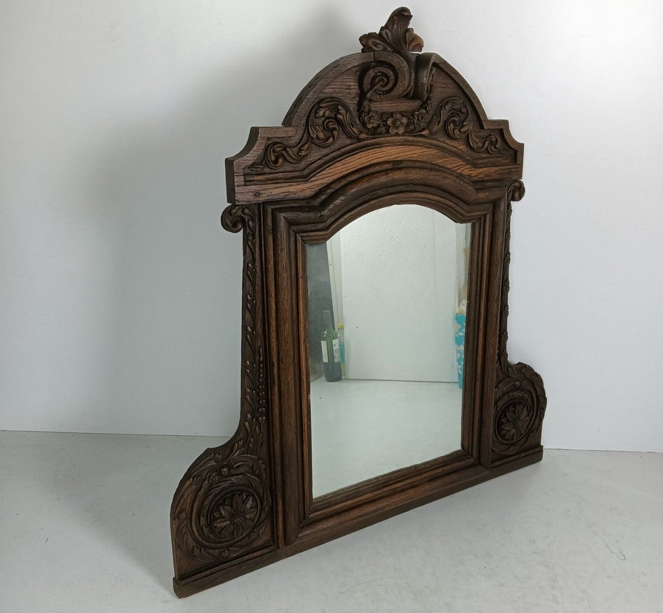 Stunning Large Antique Breton Style Hand Carved Wood Mirror Wall Hanging photo furniture