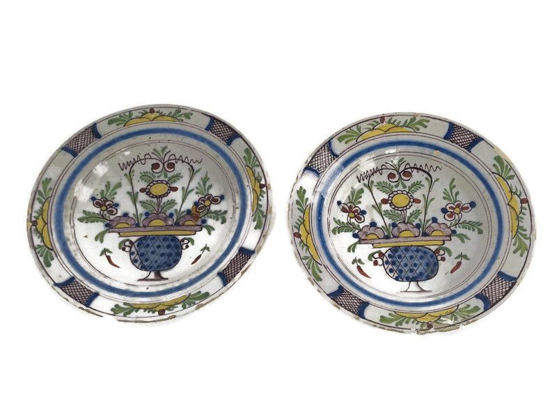 Couple 19th Century Delft Wall Hanging Charger Plates Polychrome Antique Collect