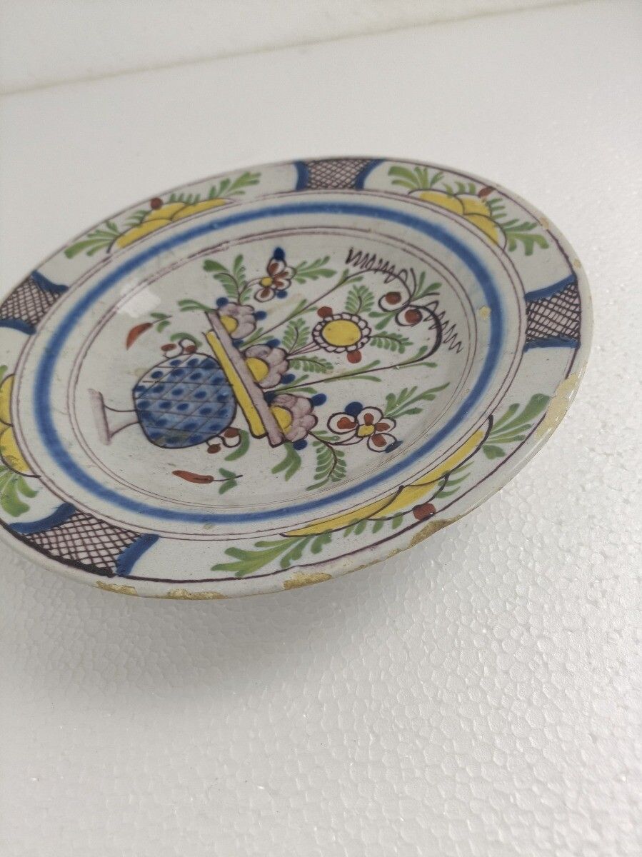 Couple 19th Century Delft Wall Hanging Charger Plates Polychrome Antique Collect photo 113.0
