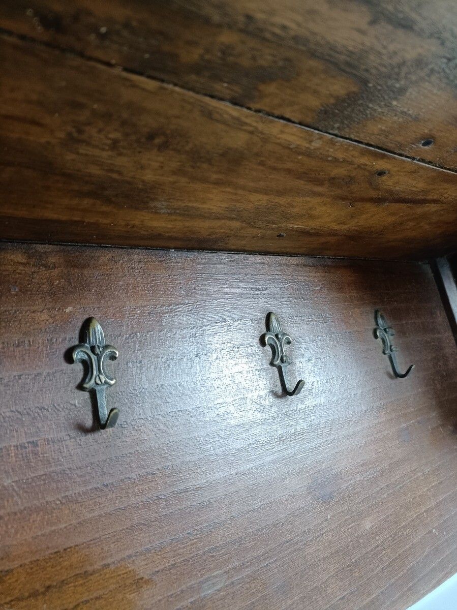 Large Wall Cabinet Console Coat Hat Rack Carved Wood French Fleur De Lis Hooks V photo buy
